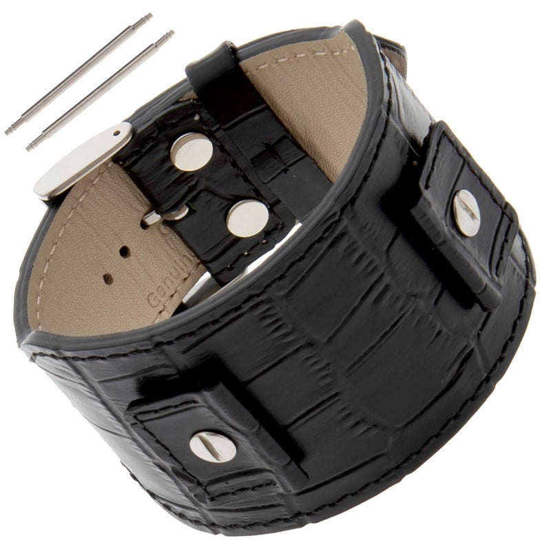 Gilden Gator-Grain Calfskin Leather Cuff Watch Band Bracelet FC30 (Fits watch lugs 18-24 mm, Black) - Image 1